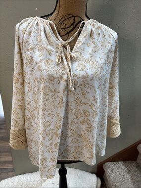 Rafaella Cream Floral Tie-Front Blouse with Lace Cuffs